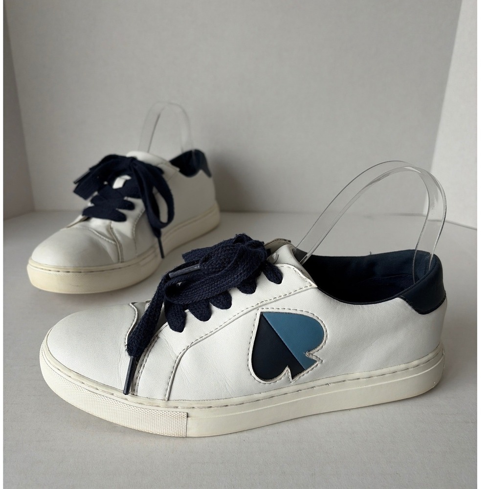 Kate Spade New York Fez White Navy Blue Spade Logo Leather Sneakers Womens 8B
